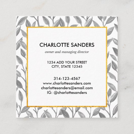 グレー金ゴールドかわいらしフローラ四角名刺 スクエア名刺 (裏面)