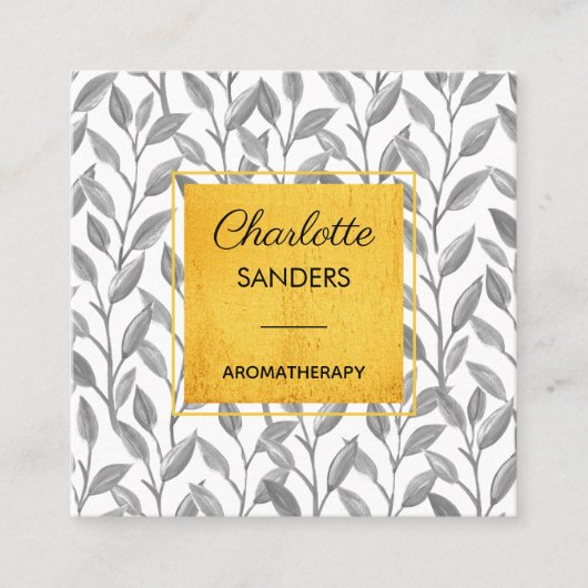 グレー金ゴールドかわいらしフローラ四角名刺 スクエア名刺 (正面)