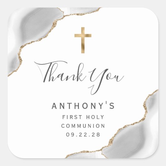 グレー金ゴールドアゲート最初の聖餐会ありがとう スクエアシール (正面)