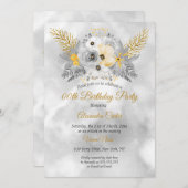 グレー金ゴールドイエローフローラブーケ誕生日パーティー 招待状 (正面/裏面)