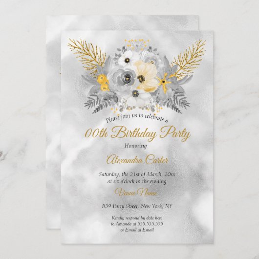 グレー金ゴールドイエローフローラブーケ誕生日パーティー 招待状 (正面/裏面)