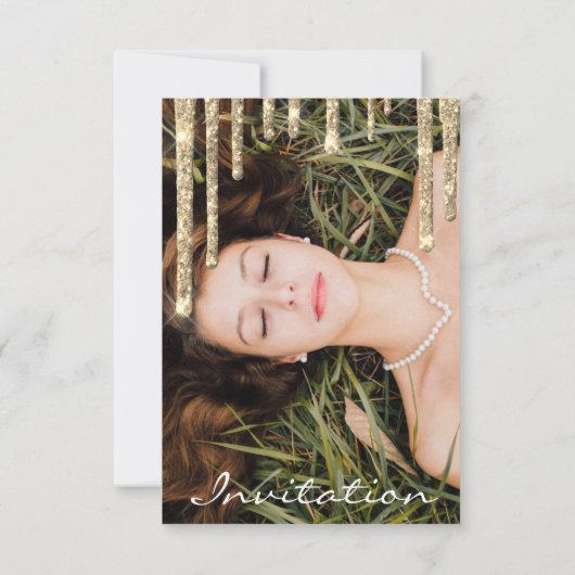 グレー金ゴールドグリッタードリップ誕生日ブライダルシャワー 招待状 (裏面)