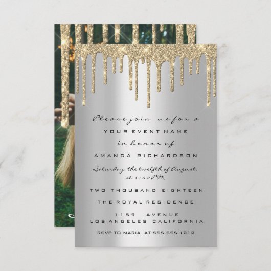 グレー金ゴールドグリッタードリプス誕生日卒業パーティー 招待状 (正面/裏面)