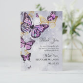 グレー金ゴールドパープルバタフライエレガントブライダルシャワー サンキューカード (スタンド正面)