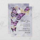 グレー金ゴールドパープルバタフライエレガントブライダルシャワー サンキューカード (正面/裏面)