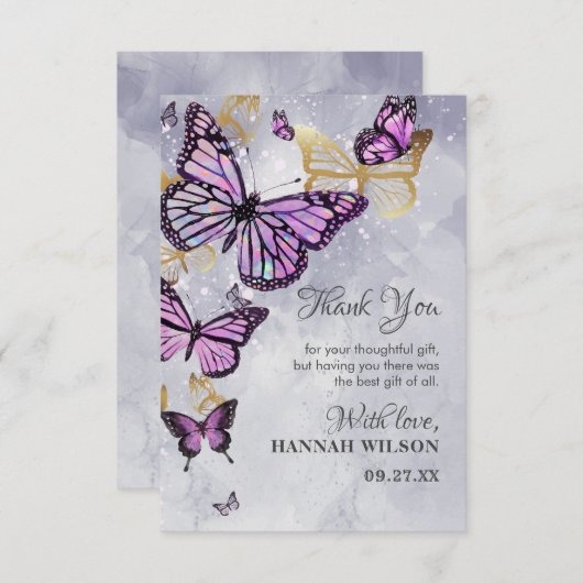 グレー金ゴールドパープルバタフライエレガントブライダルシャワー サンキューカード (正面/裏面)