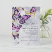 グレー金ゴールドパープルバタフライエレガントブライダルシャワー 招待状 (スタンド正面)