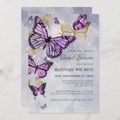 グレー金ゴールドパープルバタフライエレガントブライダルシャワー 招待状 (正面/裏面)