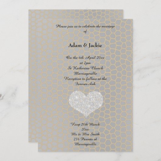 グレー金ゴールドヒョウ印刷ダイヤモンド結婚ハート 招待状 (正面/裏面)