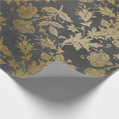 グレー金ゴールドフローラリラスコテージダマスクグラファイト ラッピングペーパー (角)