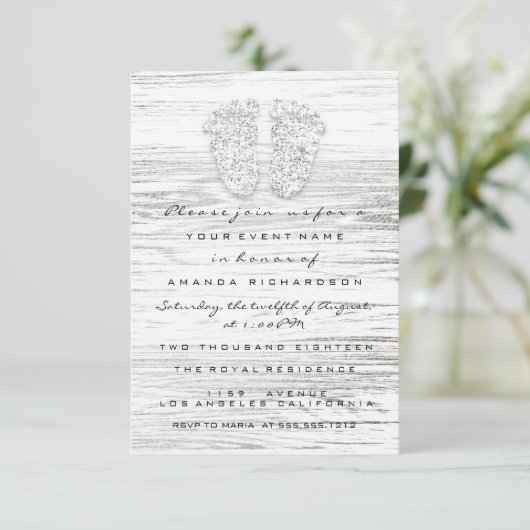 グレー金ゴールドベビーシャワー足ウッドホワイトガールボーイ 招待状 (スタンド正面)