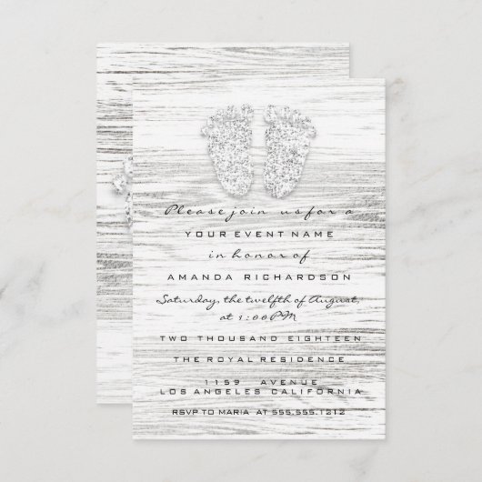 グレー金ゴールドベビーシャワー足ウッドホワイトガールボーイ 招待状 (正面/裏面)