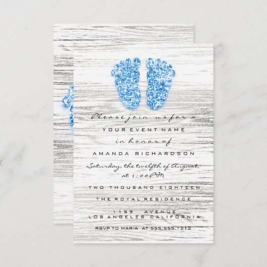 グレー金ゴールドベビーシャワー足ウッドボーイ素朴ブルー 招待状 (正面/裏面)