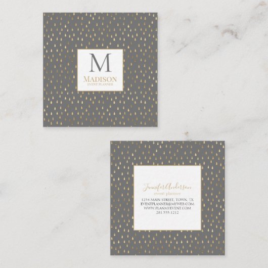 グレー金ゴールドレインドロップモダントレンディーモノグラム スクエア名刺 (正面/裏面)