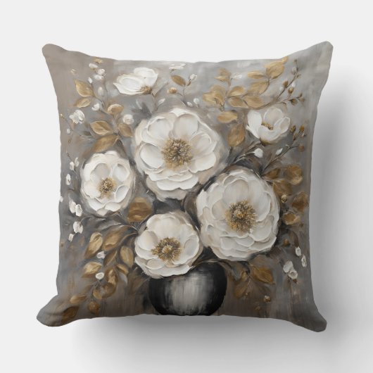 グレー金ゴールド白黒フローラブーケ クッション (正面)