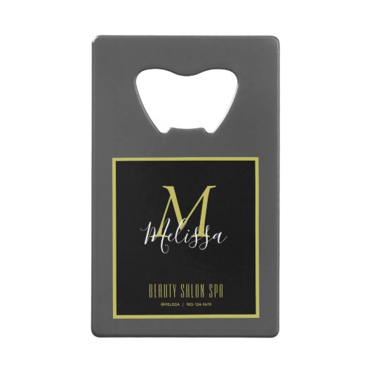 グレー金ゴールド美しいサロンスパモノグラム クレジットカード栓抜き (正面)