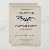 グレー飛んでいるとブルーのこうもり煙ヴィンテージハロウィーン 招待状 (正面/裏面)