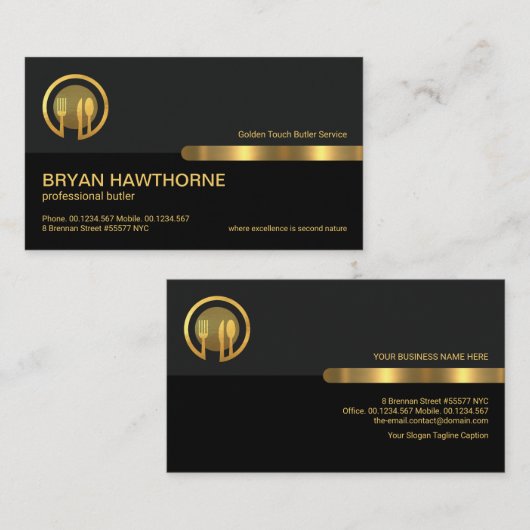 グレー黒のレトロ列金ゴールド行、ホスピタリティ 名刺 (正面/裏面)