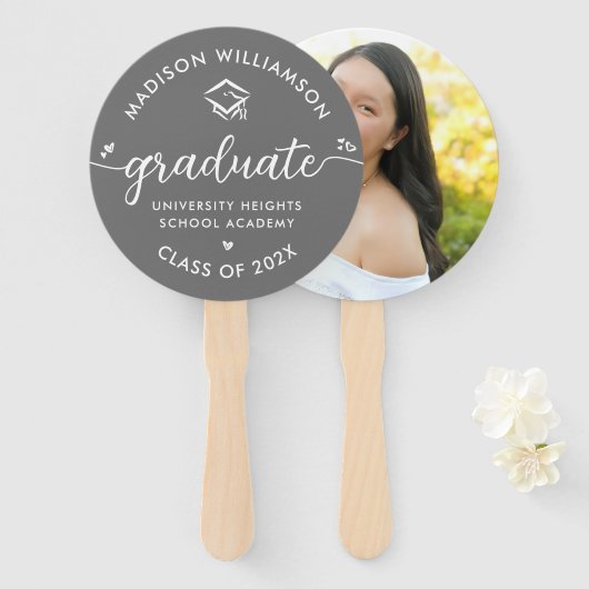 グレー1フォト卒業スクリプトモダンハートキャップ ハンドファン (正面&裏面)