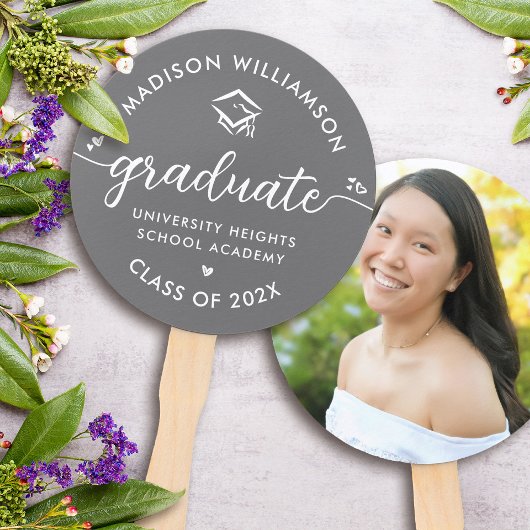 グレー1フォト卒業スクリプトモダンハートキャップ ハンドファン