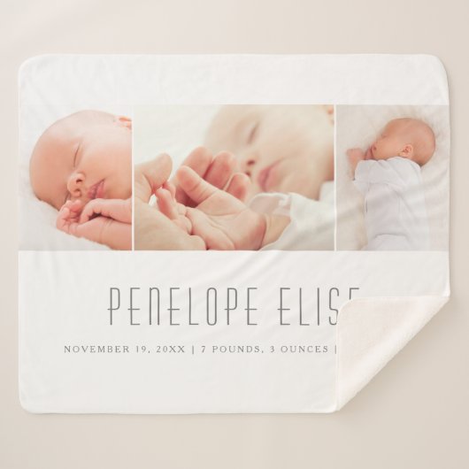 グレー3フォトコラージュベビー誕生  シェルパブランケット (正面(横))