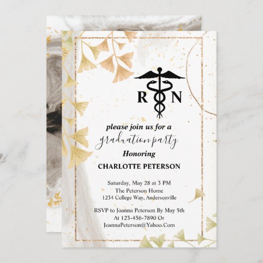  グレー・アンド・金ゴールド水色ナース卒業パーティー  招待状 (正面/裏面)