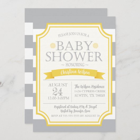 グレー&イエローベビーシャワー招待状 招待状 (正面/裏面)