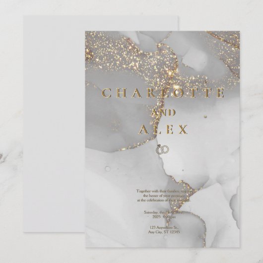 グレー グリッター シック アルコール インク 結婚式 招待状 (正面/裏面)