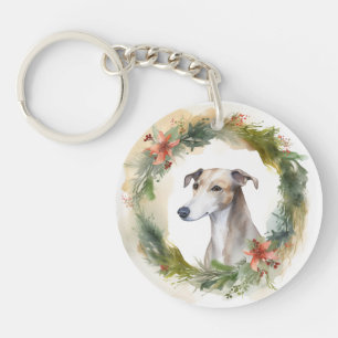 グレー・グレーハウンドのクリスマスリース クリスマスの愛犬グッズ キーホルダー