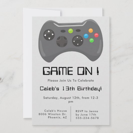 グレー ゲームコントローラー 男の子の誕生日 招待状 (正面)