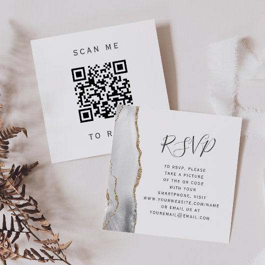 グレー+ゴールド+アゲートの結婚式QRコードRSVP エンクロージャーカード