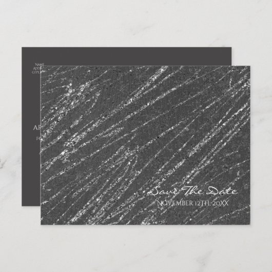 グレー&シルバーモダンマーブルストライプ日付の保存 案内ポストカード (正面/裏面)