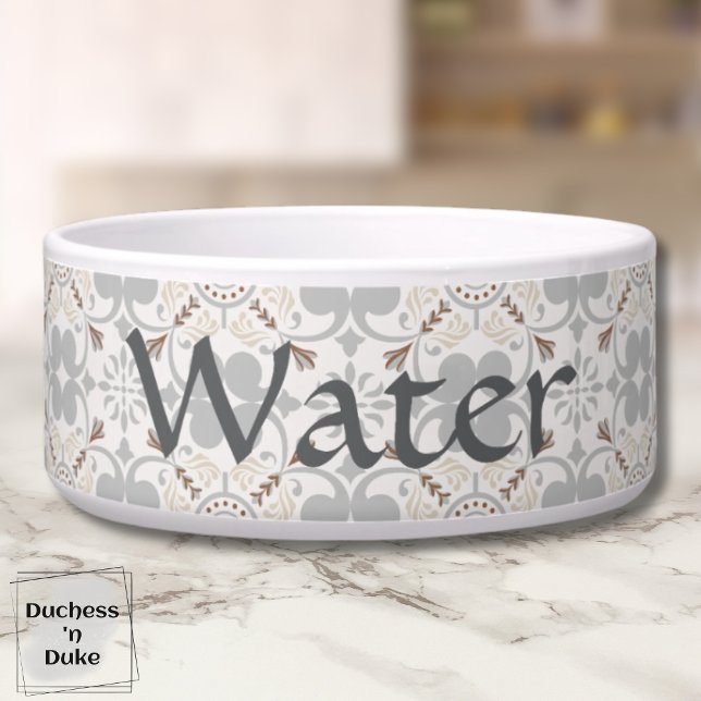 グレー スペインタイル オーダーメイド ペットボウル (Dog Water Bowl - Gray Spanish Tile Personalized)