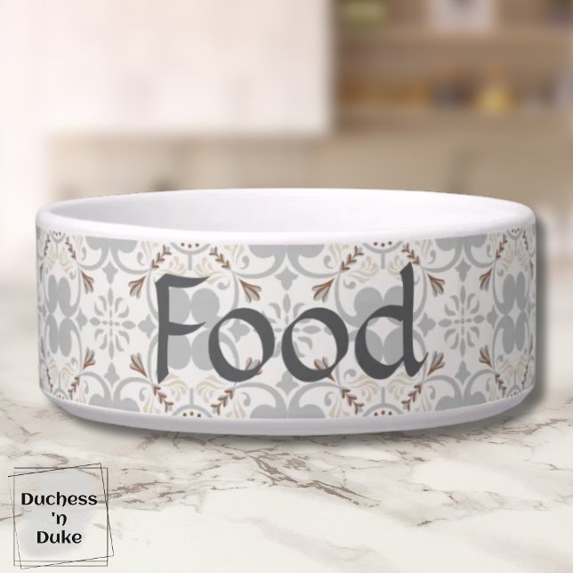 グレー スペイン風タイル オーダーメイド犬用食器  ボウル (Dog Food Bowl - Gray Spanish Tile Personalized)