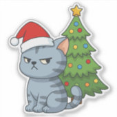 グレー+タビー猫の赤いクリスマスツリー シール (正面)