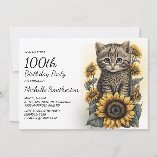 グレー+タビー+子猫+ひまわり+100歳の誕生日 招待状 (正面)