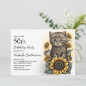 グレー+タビー+子猫+ひまわり+50歳の誕生日 招待状 (スタンド正面)