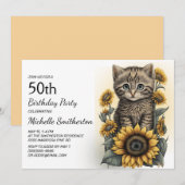 グレー+タビー+子猫+ひまわり+50歳の誕生日 招待状 (正面/裏面)
