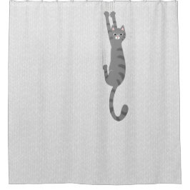 グレー+タビー+猫+ぶら下がり | おもしろい+グレー+縞模様+猫 シャワーカーテン