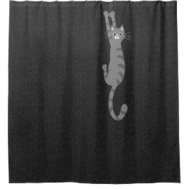 グレー+タビー+猫+ぶら下がり | おもしろい+灰色+縞模様+猫 シャワーカーテン