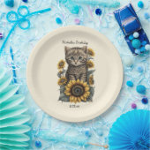 グレー+タビー+猫+子猫+ひまわり+誕生日 ペーパープレート (パーティー)