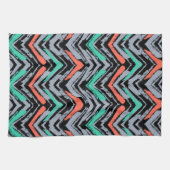 グレー、ティール(緑がかった色)、サンゴの手描きの山形模様 キッチンタオル (横)