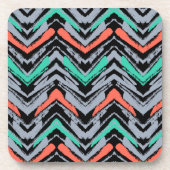 グレー、ティール（緑がかった色）、サンゴの手描きの山形模様 コースター (正面)