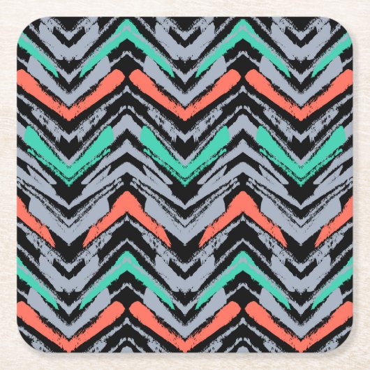 グレー、ティール（緑がかった色）、サンゴの手描きの山形模様 スクエアペーパーコースター (正面)