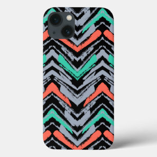 グレー、ティール(緑がかった色)、サンゴの手描きの山形模様 iPhone 13ケース