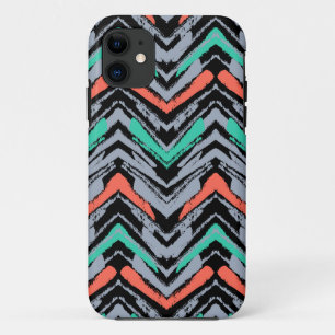 グレー、ティール（緑がかった色）、サンゴの手描きの山形模様 iPhone 11 ケース
