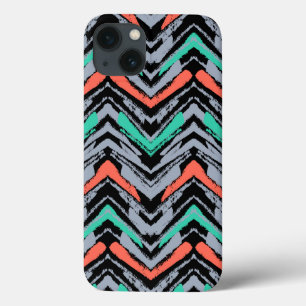 グレー、ティール(緑がかった色)、サンゴの手描きの山形模様 iPhone 13ケース