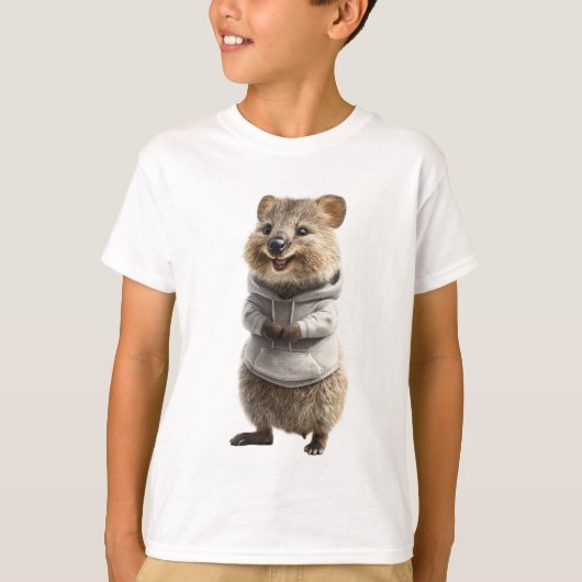 グレー パーカーのクォッカ キッズ Tシャツ (正面)