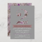 グレー&パープルフローラ2つの誕生日招待状 招待状 (正面/裏面)