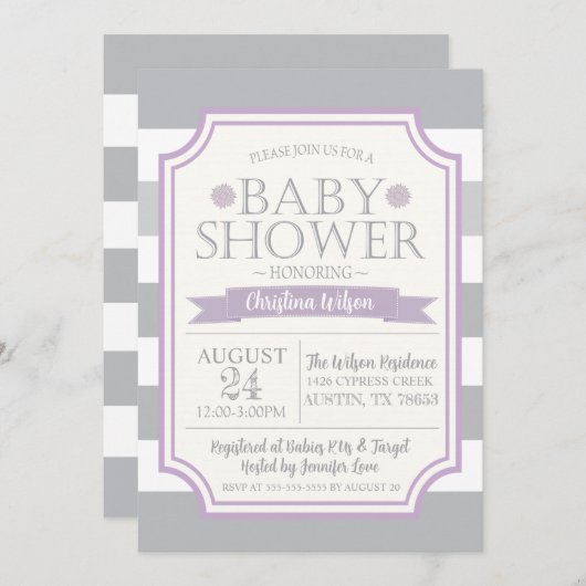 グレー&パープルベビーシャワー招待状 招待状 (正面/裏面)